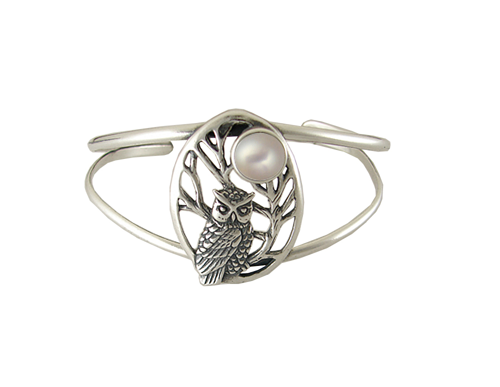 Sterling Silver Mystical Owl Cuff Bracelet Cultured Freshwater Pearl